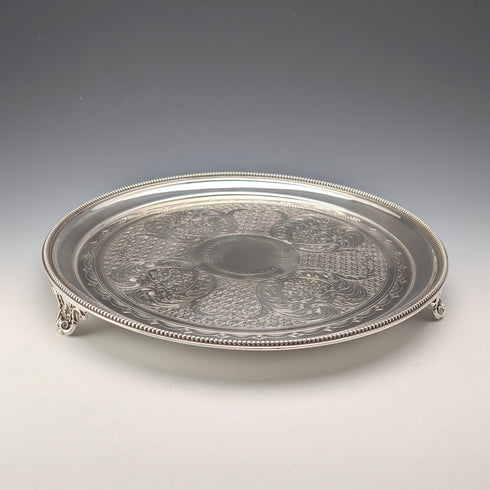 1890年 英國古董 純銀製 腳座托盤 卡片托盤直徑26cm 517g Elkington